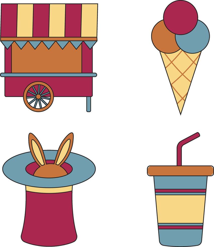 Carnival Circus Equipment Set. In Classic Design Style. Cartoon Vector Illustration.