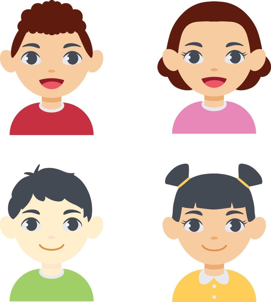 Children Avatars Icons. Flat Cartoon Design and Shapes. Isolated Vector Set.
