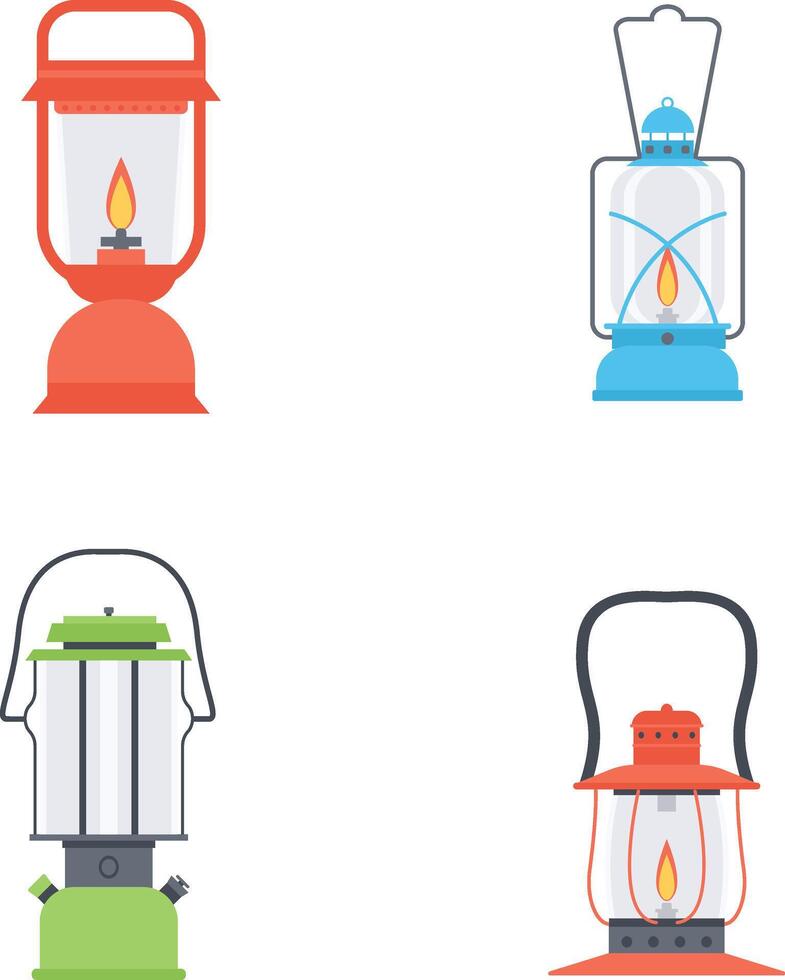 Set of Camping Lantern Lamp. With Vintage Cartoon Style. Vector Illustration