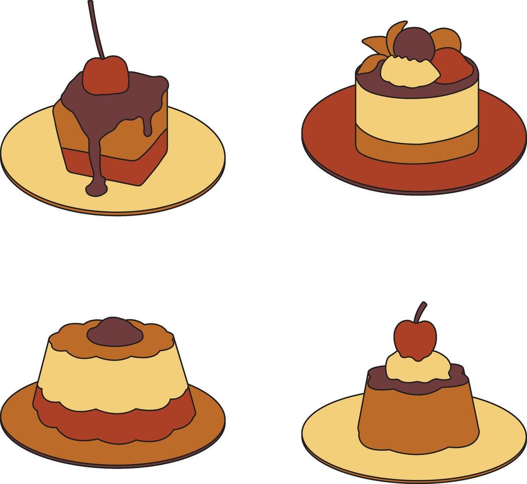 Sweet Pudding Dessert With Chocolate Topping. Vector Illustration