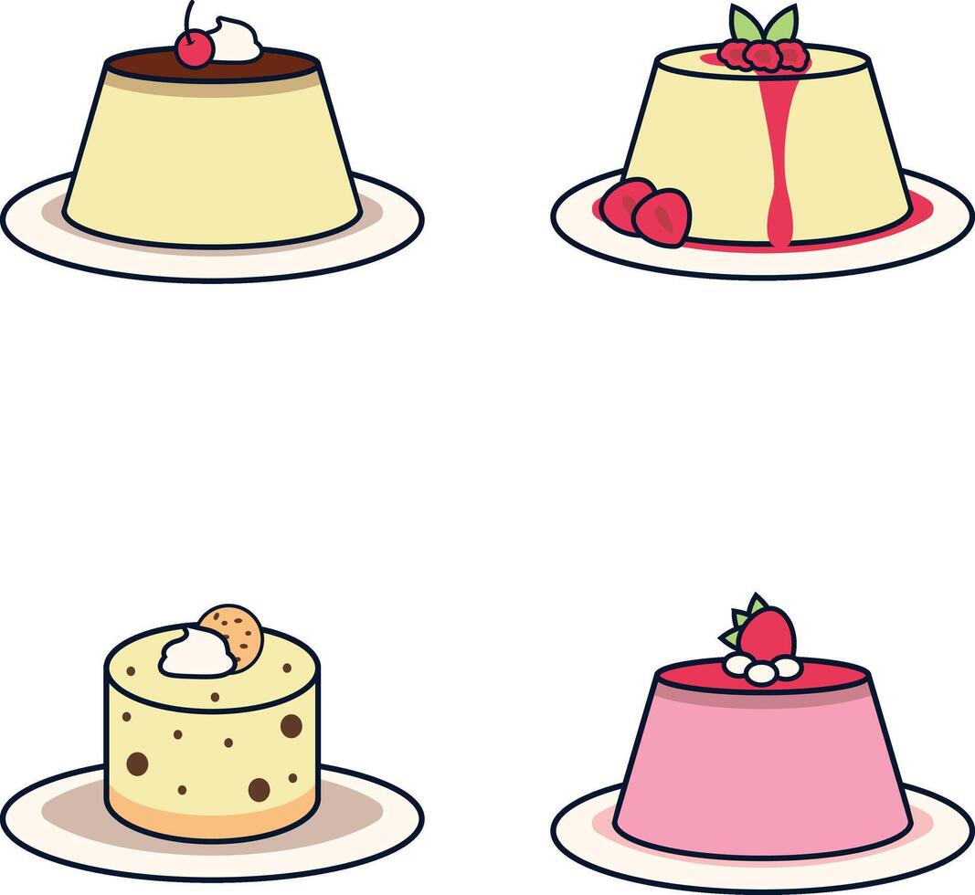 Sweet Pudding Dessert With Various Topping and Cream. Vector Icons