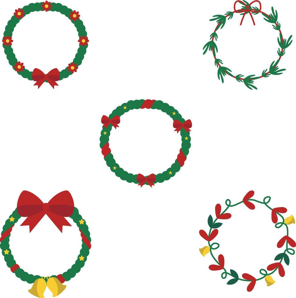 Christmas Wreath With Simple Decoration. Vector Illustration Set