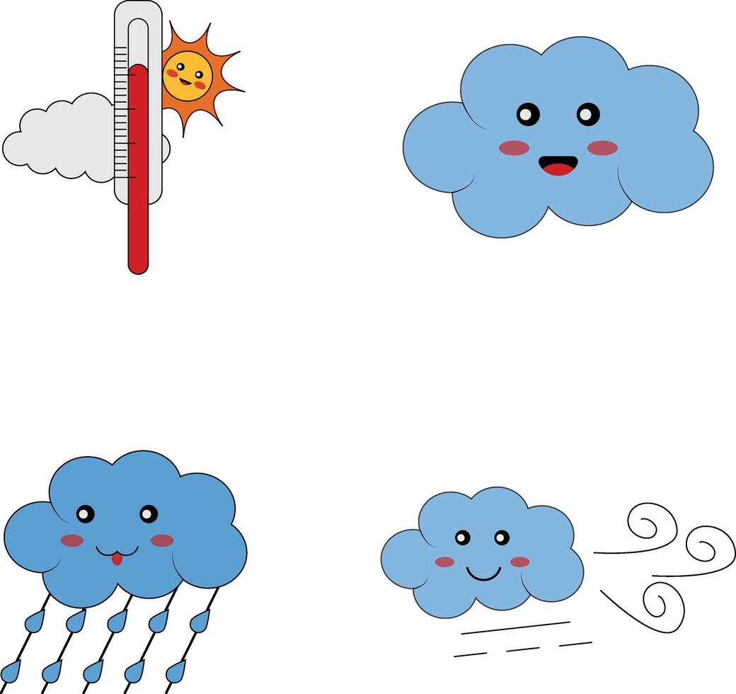 kawaii clima personaje colocar. linda dibujos animados diseño en blanco antecedentes. vector