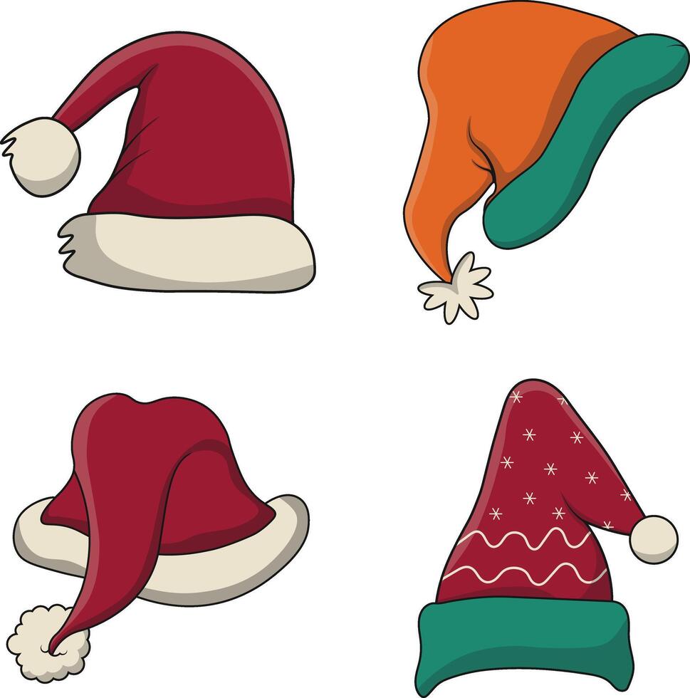 Set of Christmas Santa Hat. Isolated On White Background. Vector Illustration