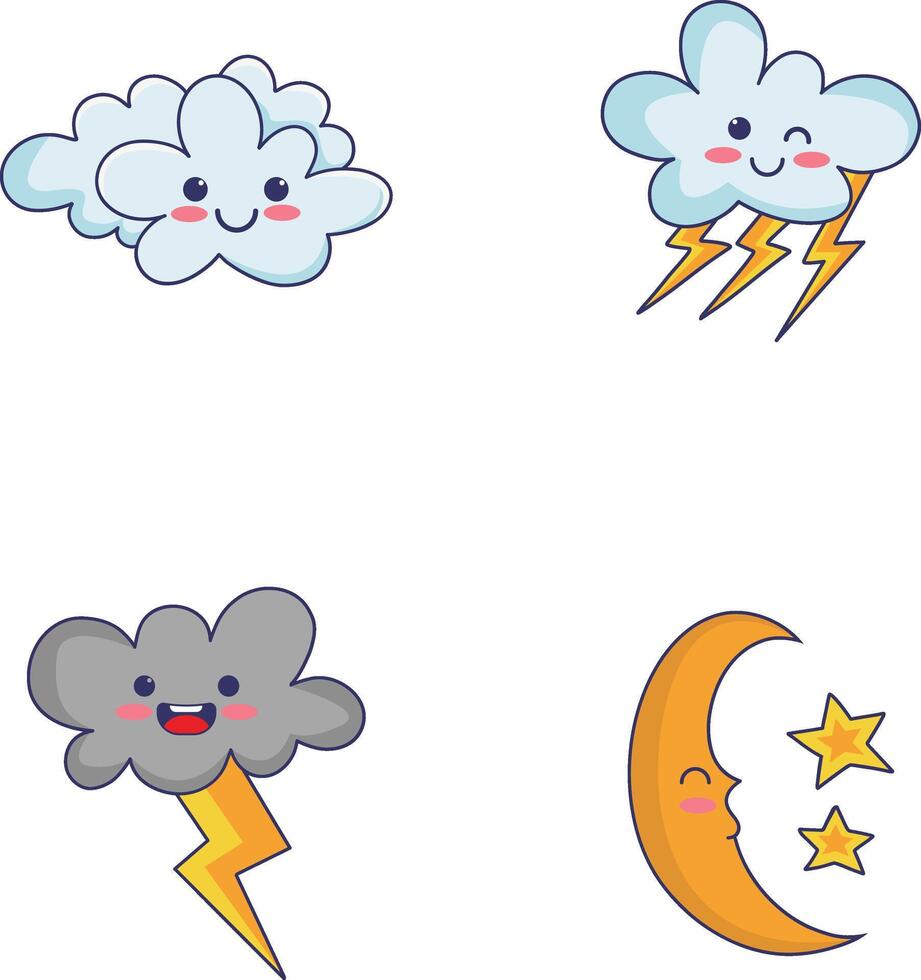 Kawaii Weather Character Set. Isolated On White Background. Cute Cartoon Vector Illustration.