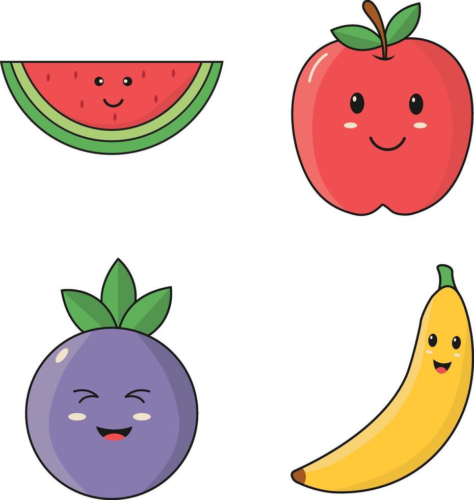 Kawaii Fruit Mascot in Flat Cartoon Character, Vector Illustration Set.