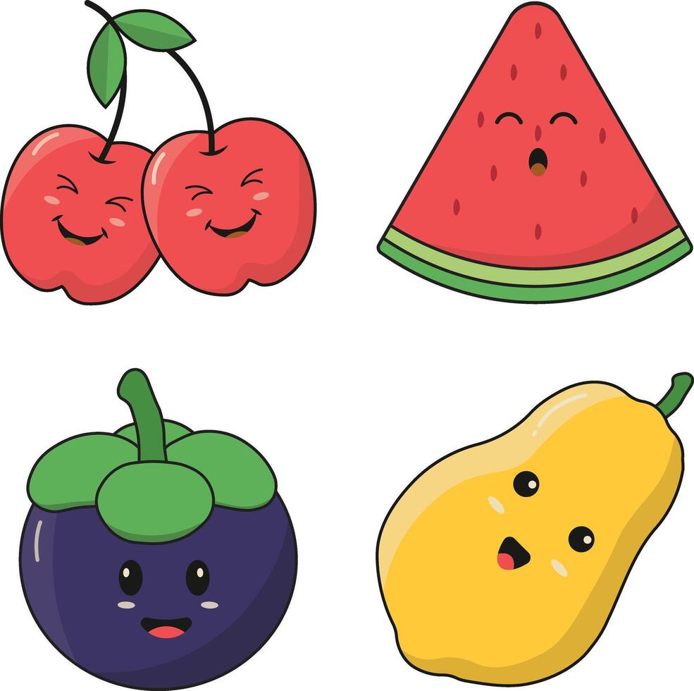 Kawaii Fruit Mascot in Flat Cartoon Character, Vector Illustration Set.