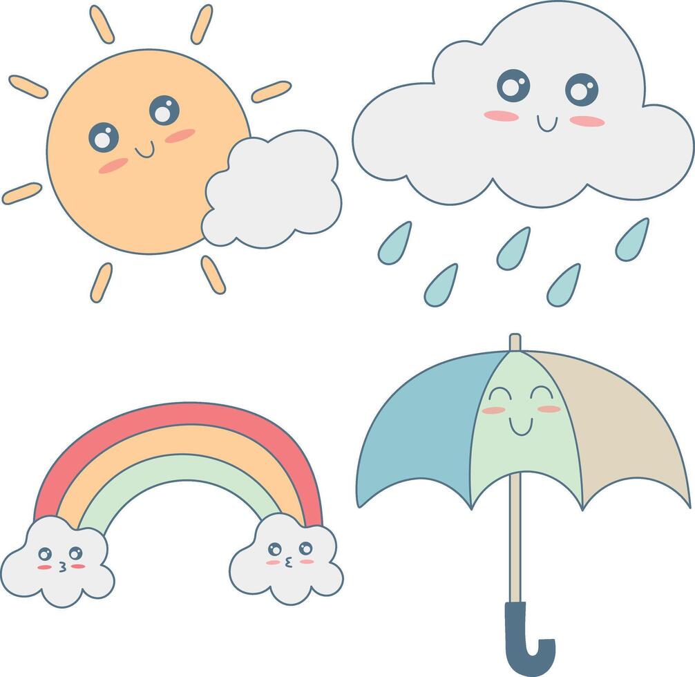 Kawaii Weather Character Collection. Flat Cartoon Vector Illustration.
