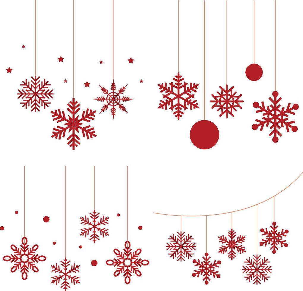 Set of Christmas Snowflakes Hanging. Isolated on White Background, FLat Vector Icon