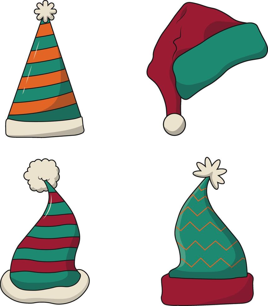 Set of Christmas Santa Hat. Isolated On White Background. Vector Illustration