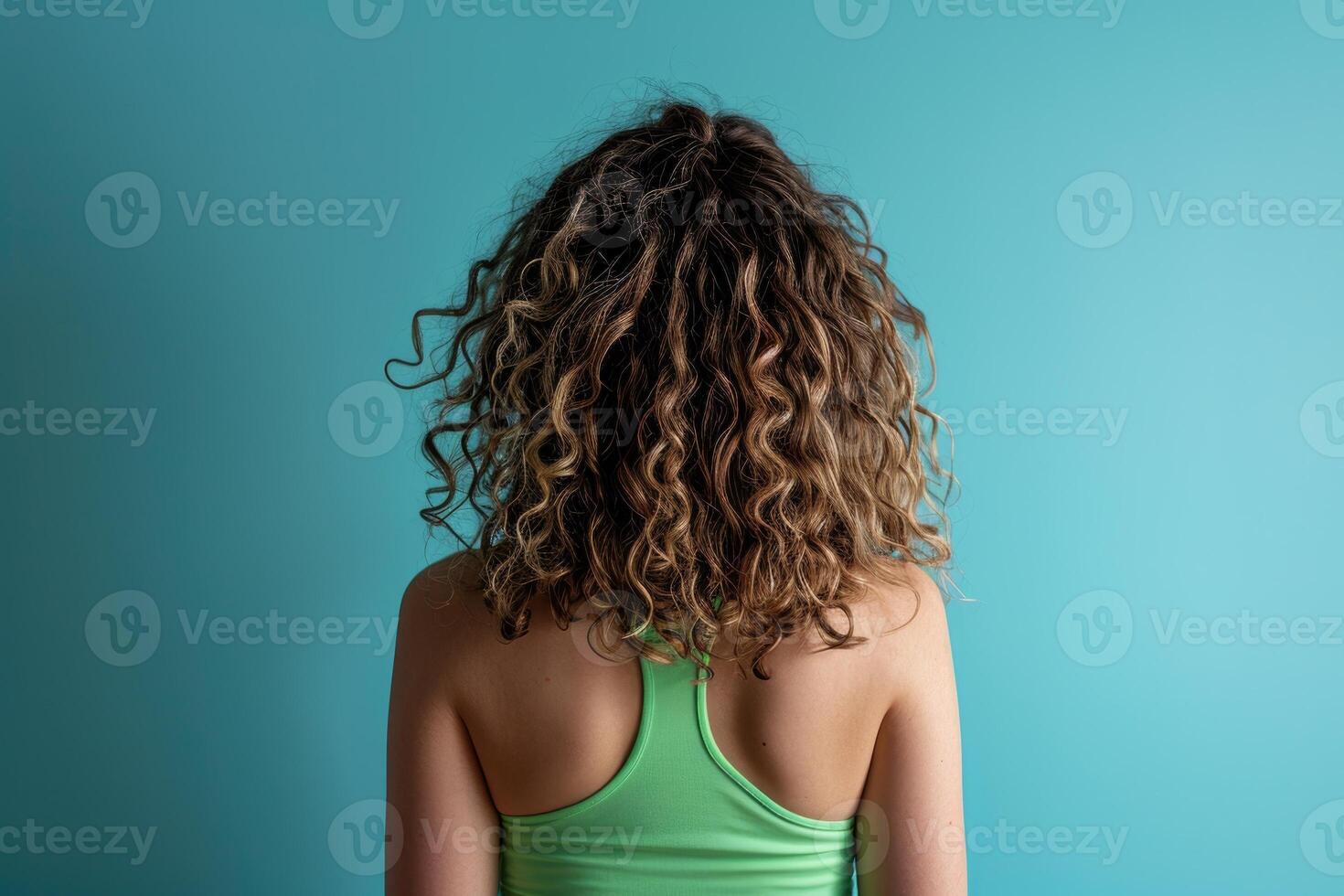 AI generated Young lady with nice curls shows off her trained spine after exercise photo