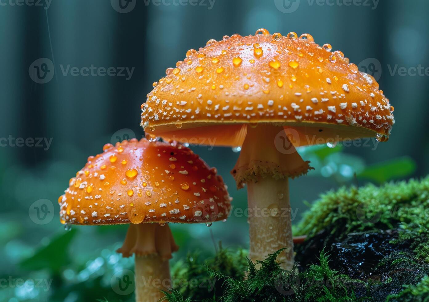 AI generated Two orange fly agaric mushrooms with water drops in the forest photo