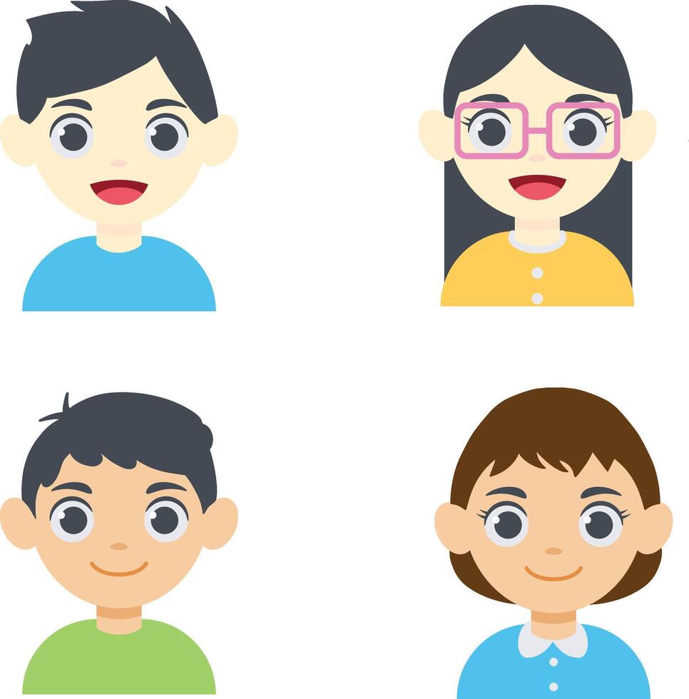 Children Avatars Icons. Flat Cartoon Design and Shapes. Isolated Vector Set.
