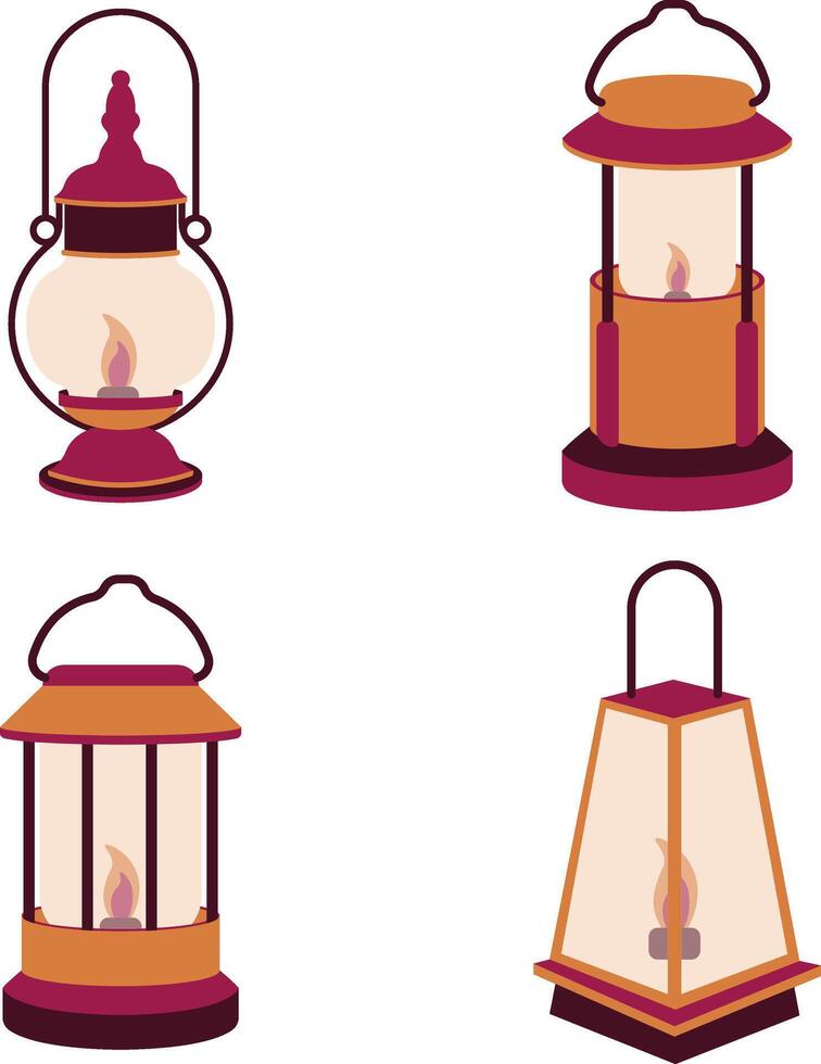 Collection of Camping Lantern Lamp Illustration. Classic Design Style. Isolated Vector