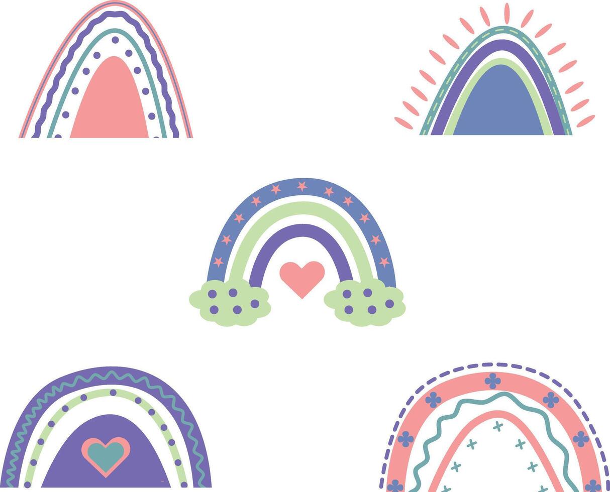 Hand Drawn Rainbow Boho. Cute Pastel Color Rainbows. Vector Icon Set