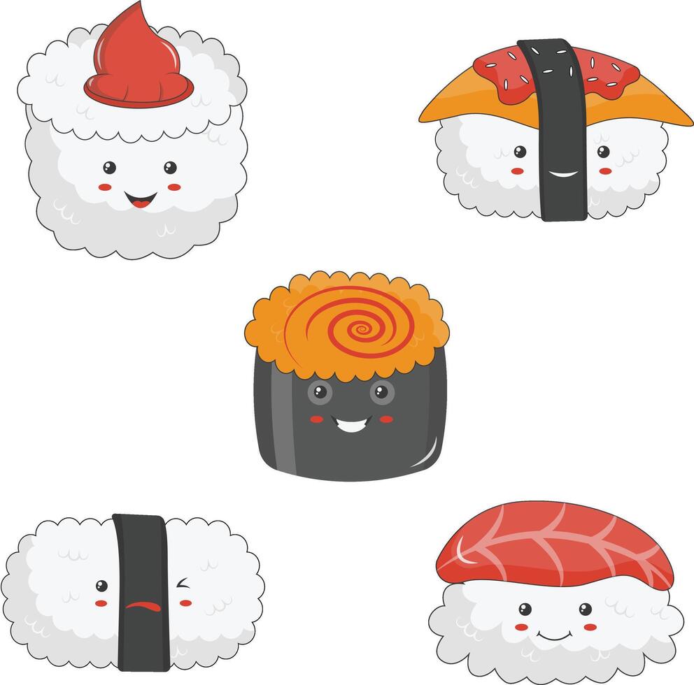 Kawaii Sushi Illustration on White Background. Cartoon Character Collection. vector