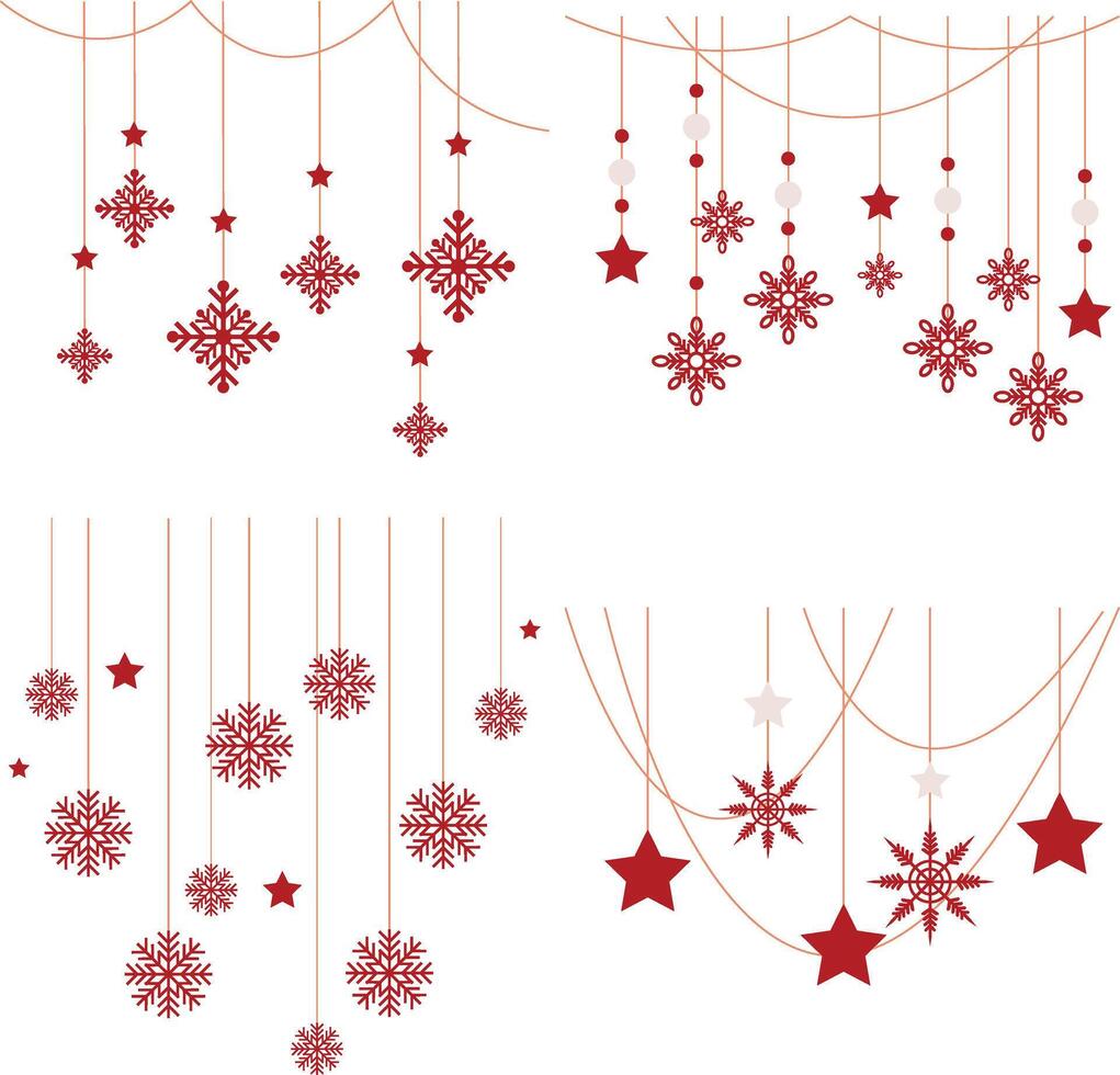 Set of Christmas Snowflakes Hanging. Isolated on White Background, FLat Vector Icon