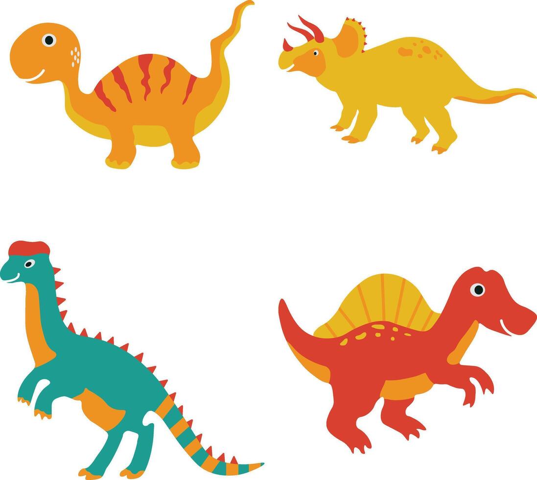 Adorable Dinosaurs Illustration on White Background. Flat Cartoon Vector Icons