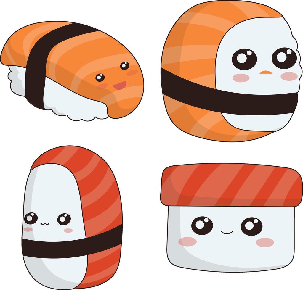 Kawaii Sushi Illustration on White Background. Cartoon Character Design. Isolated Vector Icons