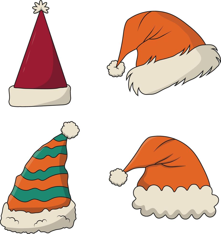 Set of Christmas Santa Hat. Isolated On White Background. Vector Illustration