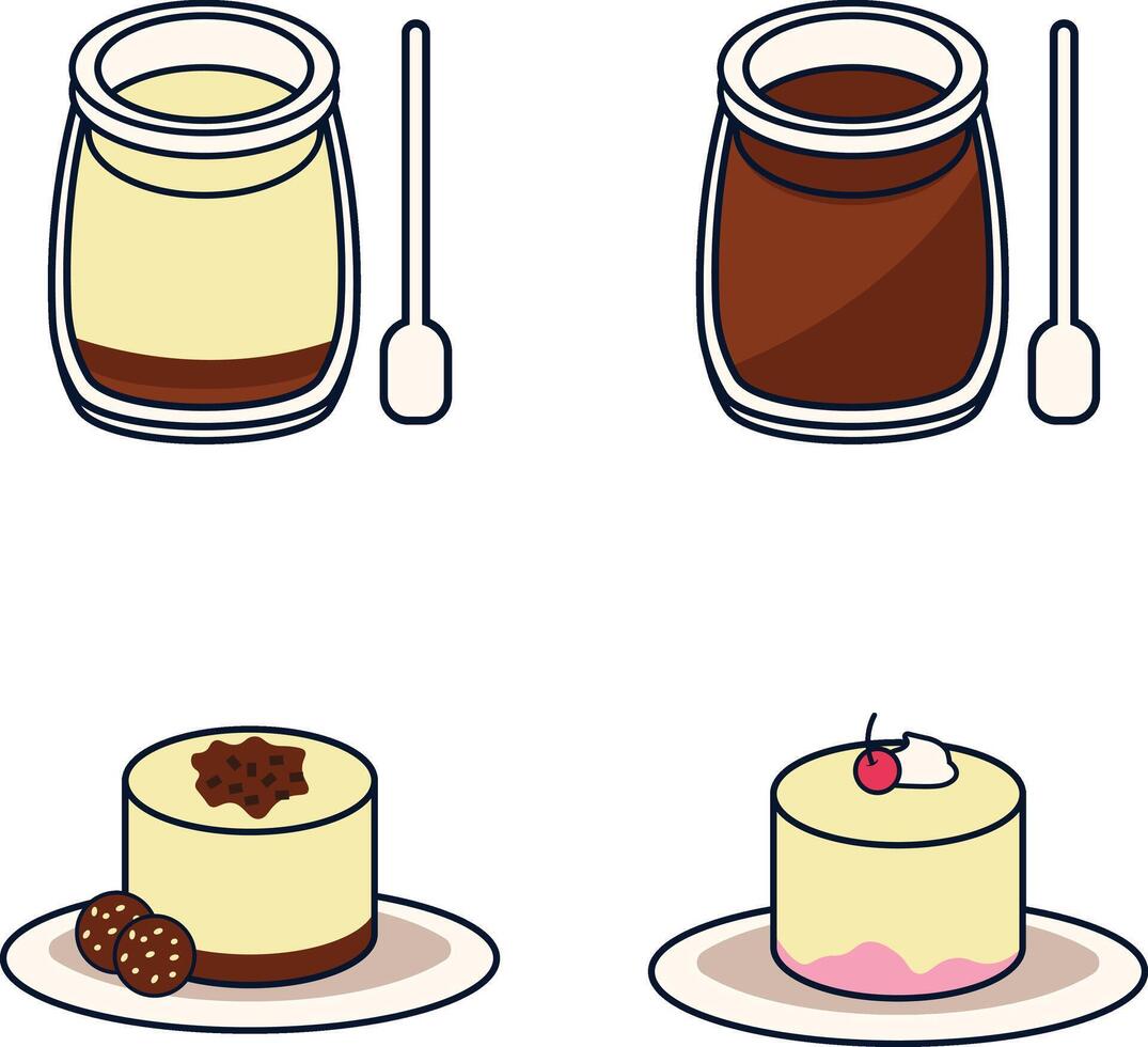Sweet Pudding Dessert With Various Topping and Cream. Vector Icons