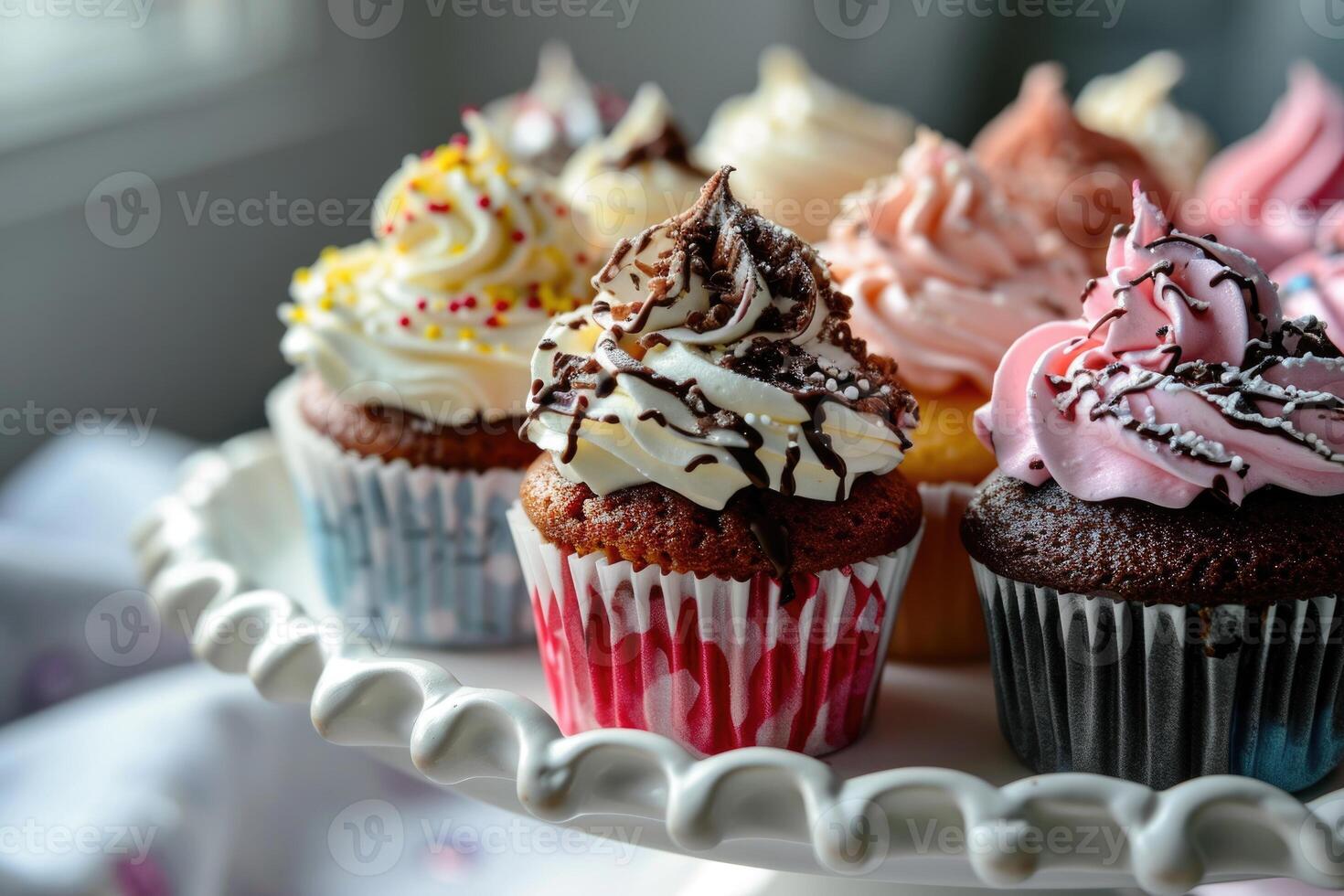 AI generated Assorted cupcakes on white stand. photo
