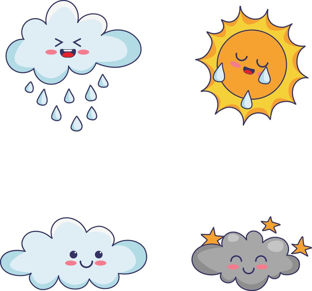 Kawaii Weather Character Set. Isolated On White Background. Cute Cartoon Vector Illustration.