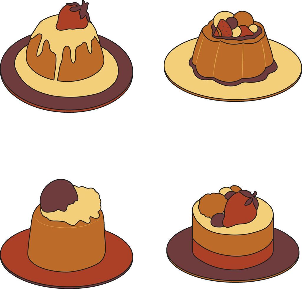 Sweet Pudding Dessert With Chocolate Topping. Vector Illustration