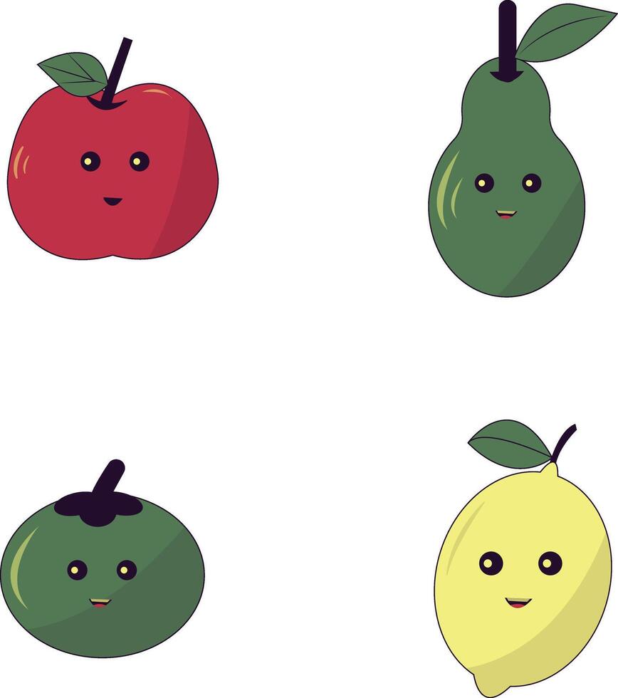 Kawaii Fruit Mascot Collection. Flat Cartoon Vector Icon.