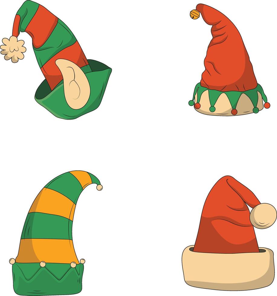 Christmas Santa Hat with Cartoon Design. Vector Illustration Set.