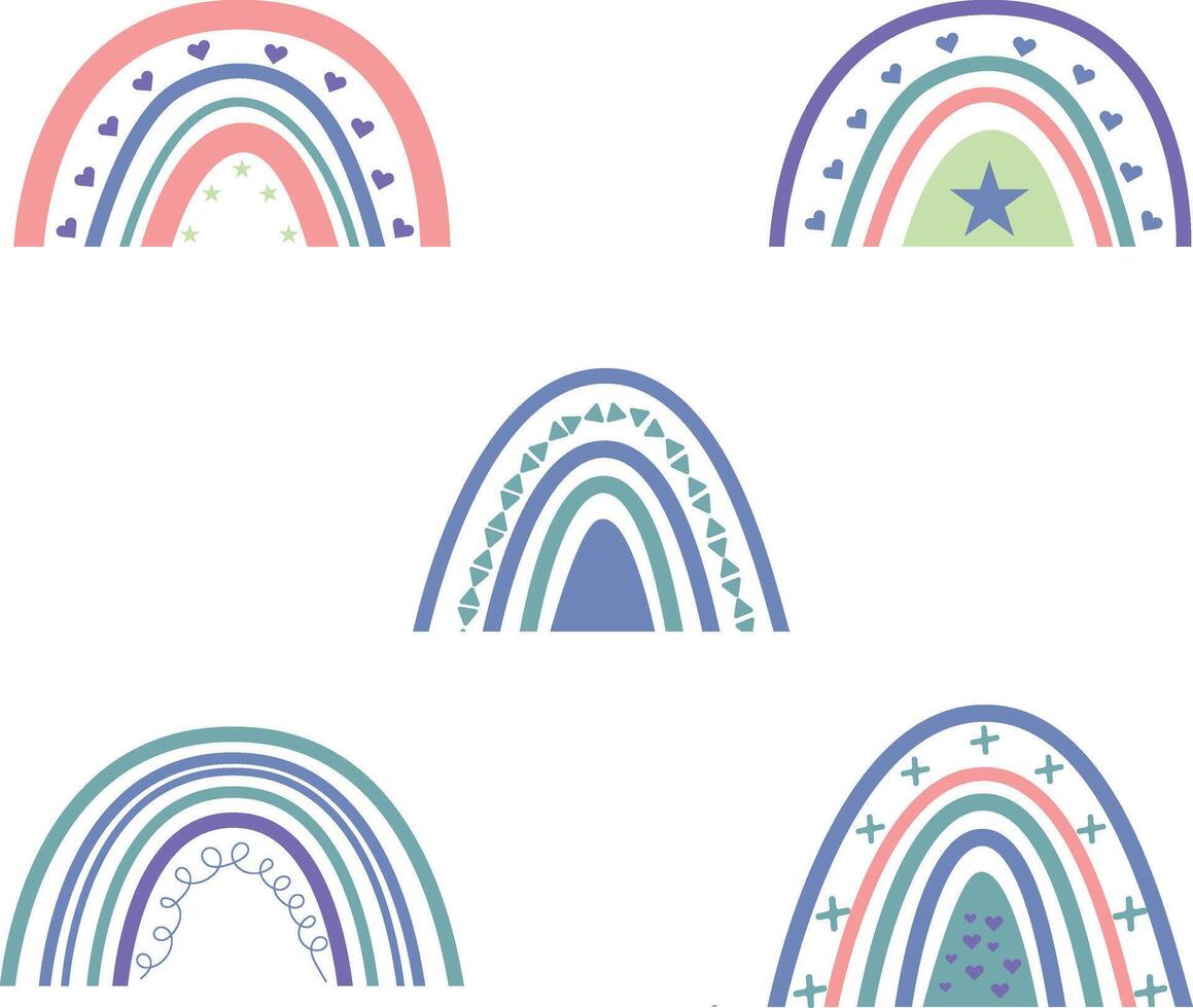 Hand Drawn Rainbow Boho. Cute Pastel Color Rainbows. Vector Icon Set