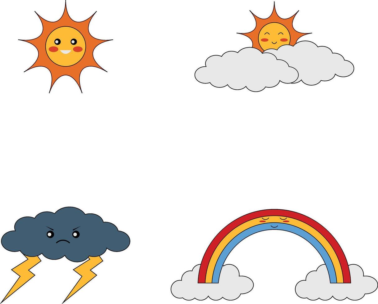 Kawaii Weather Character Set. Cute Cartoon Design on White Background. vector