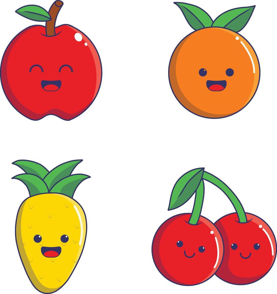 Kawaii Fruit Mascot With Cute Cartoon Character. Vector Illustration