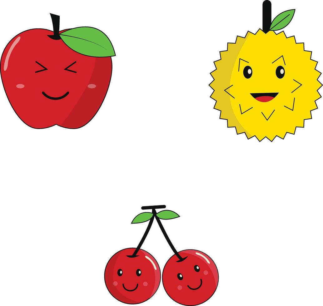 Set of Kawaii Fruit Mascot. Flat Cartoon Character. Isolated Vector Icon