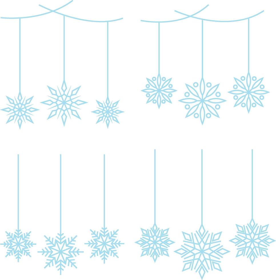 Navidad copos de nieve colgando decoración. Brillantina copos de nieve en blanco antecedentes. vector ilustración