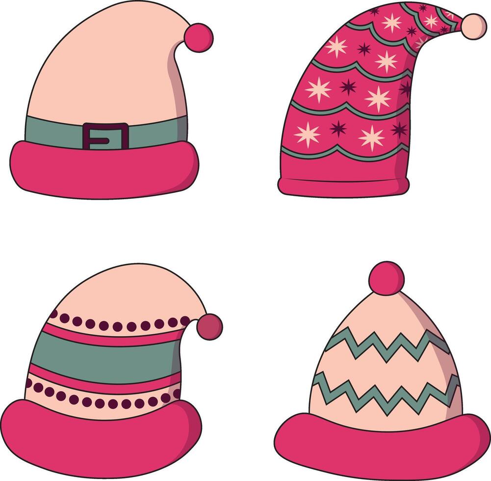 Christmas Santa Hat Illustration Set. Flat Cartoon Design. Isolated On White Background vector