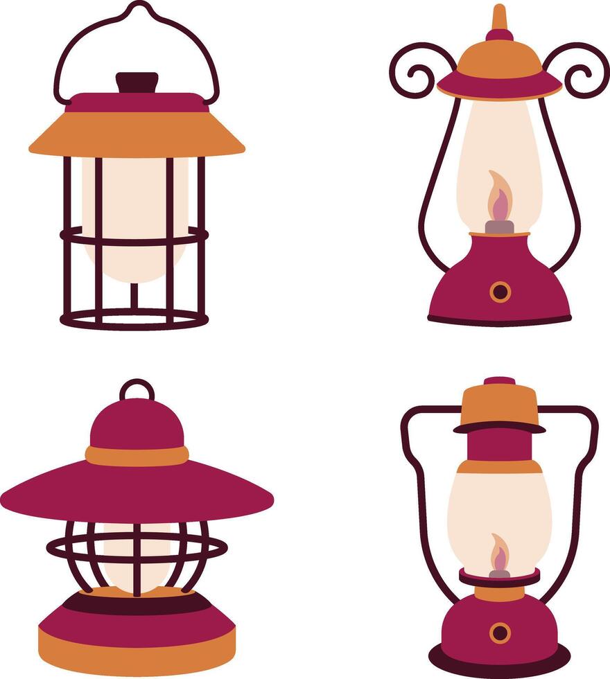 Collection of Camping Lantern Lamp Illustration. Classic Design Style. Isolated Vector