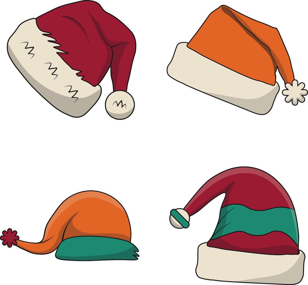 Set of Christmas Santa Hat. Isolated On White Background. Vector Illustration