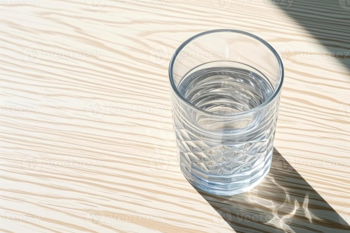 AI generated Clear water glass on white table with sharp shadows. photo