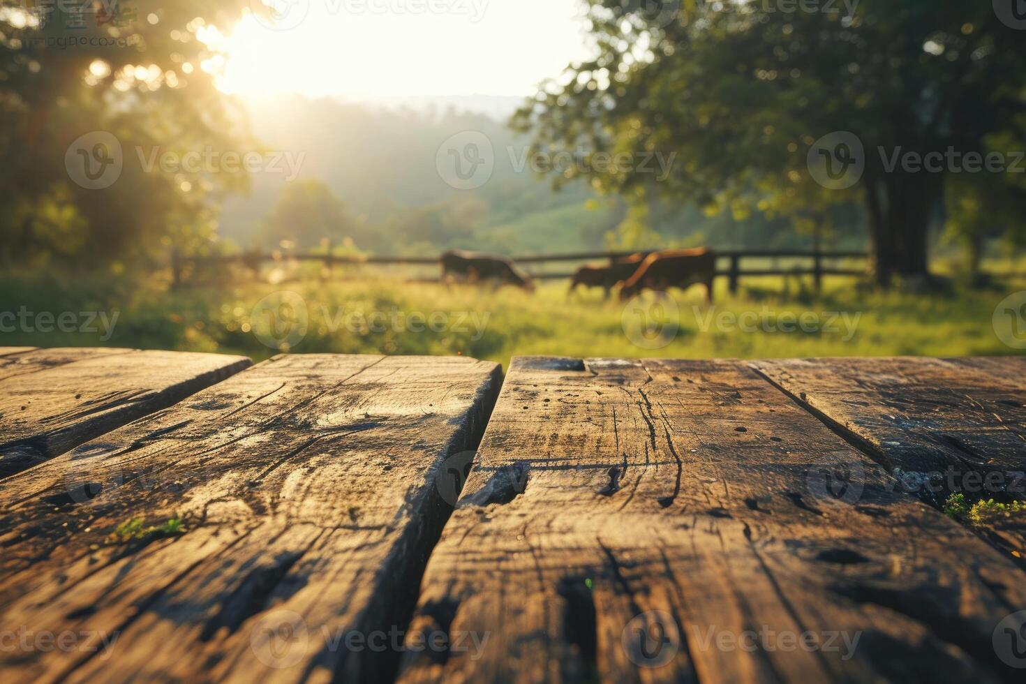 AI generated Blurry meadow with cows and wooden table. photo