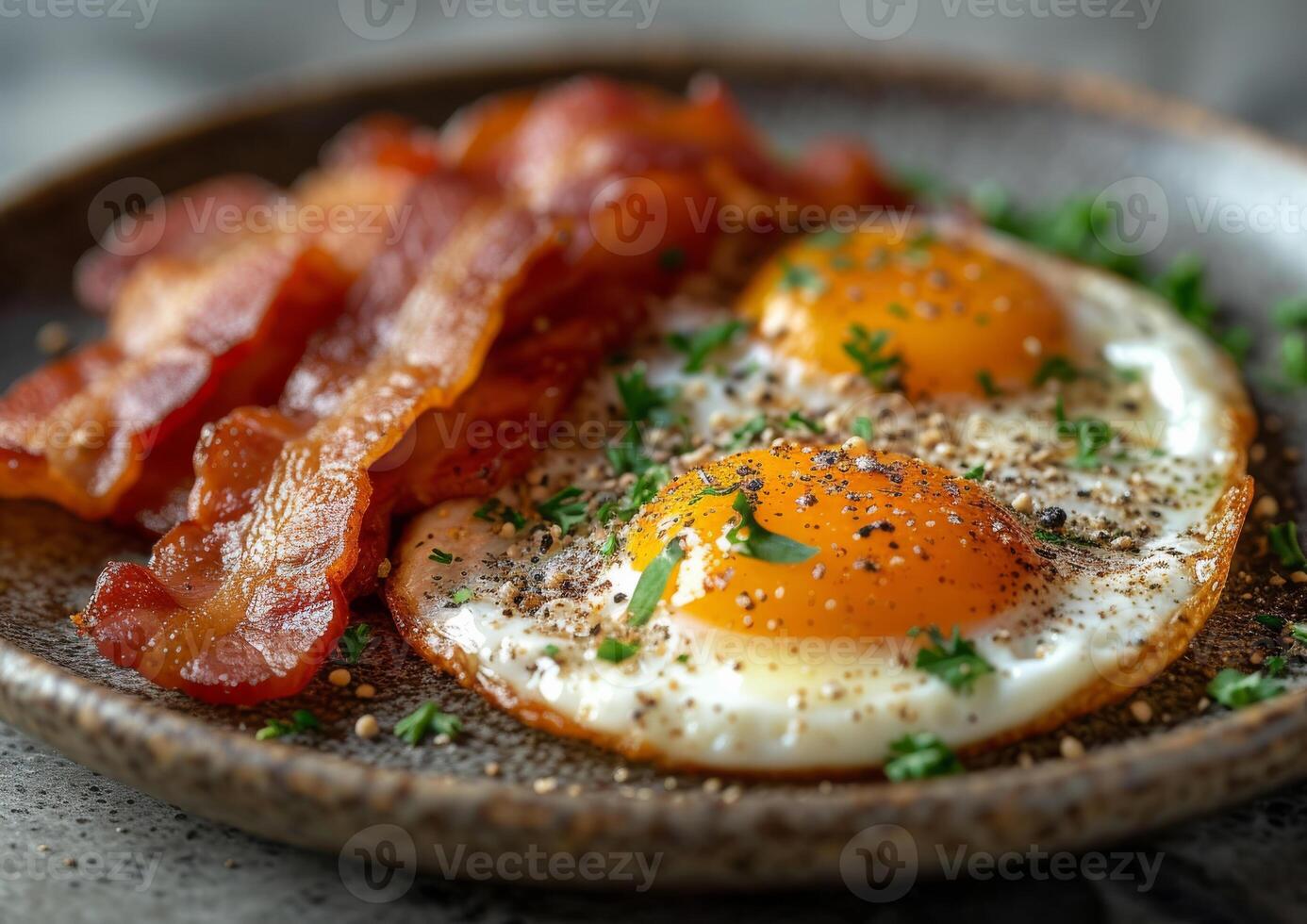 AI generated Fried eggs and bacon on plate. Tasty breakfast photo