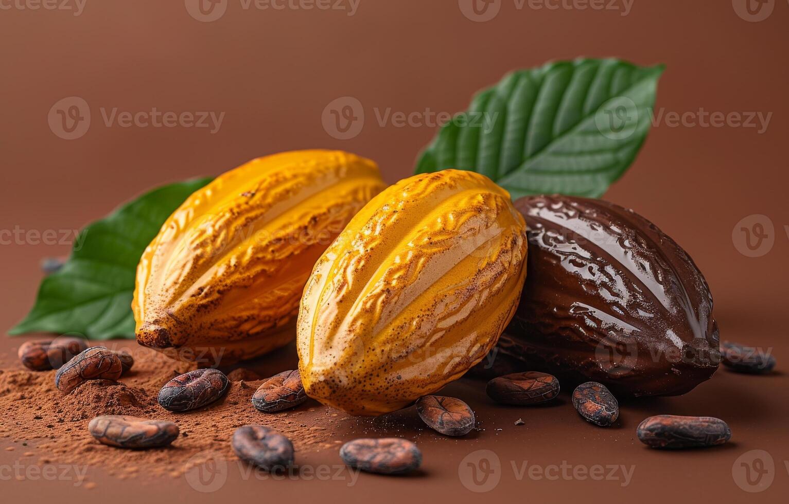 AI generated Cocoa pods and cocoa beans on brown background photo