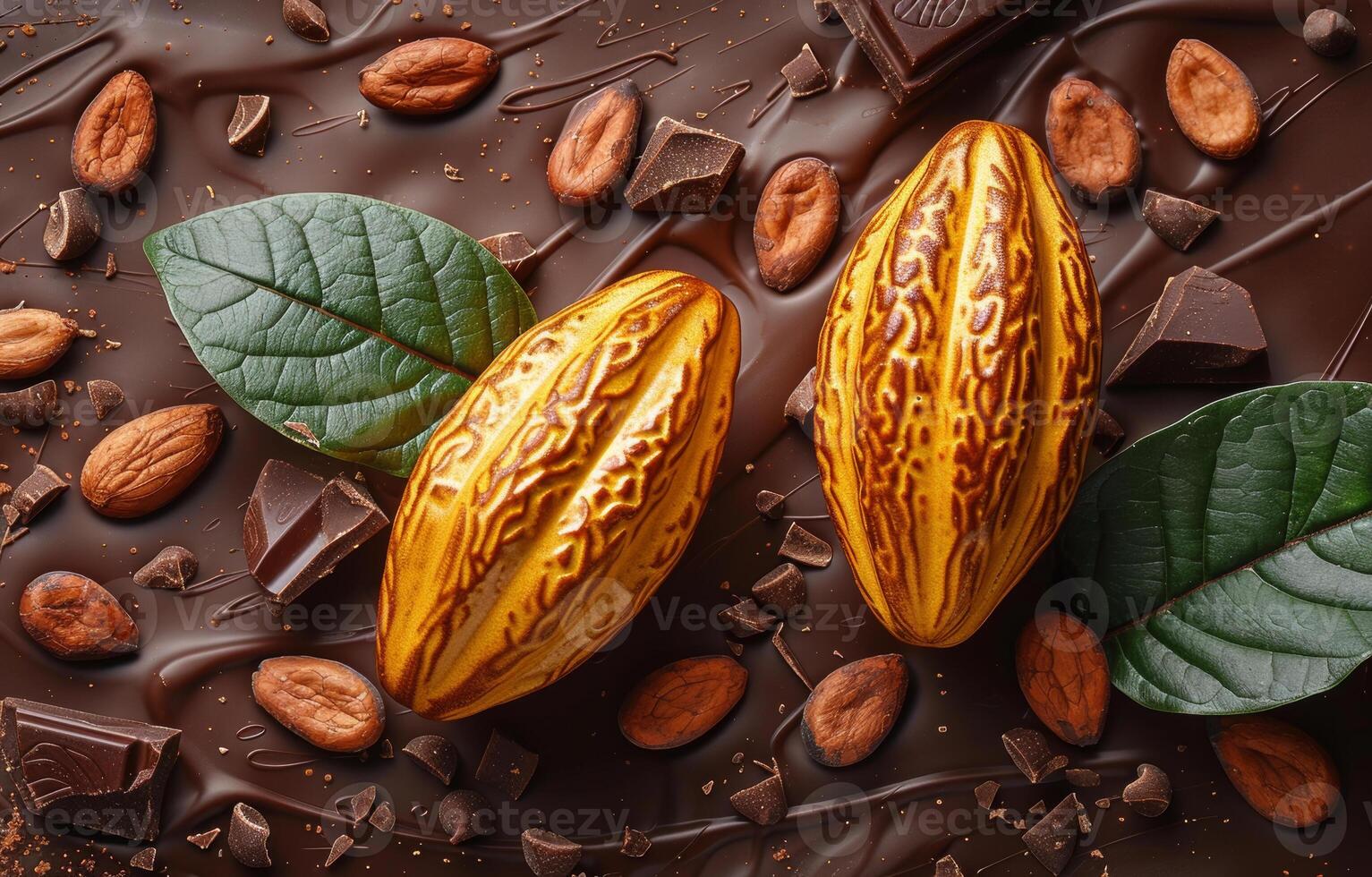 AI generated Two fresh cacao pods and cacaos with leaves and nuts on dark background photo