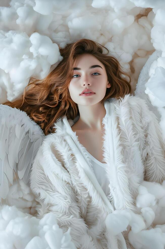 AI generated Beautiful Woman in Angelic Onesie with Fluffy Wings photo