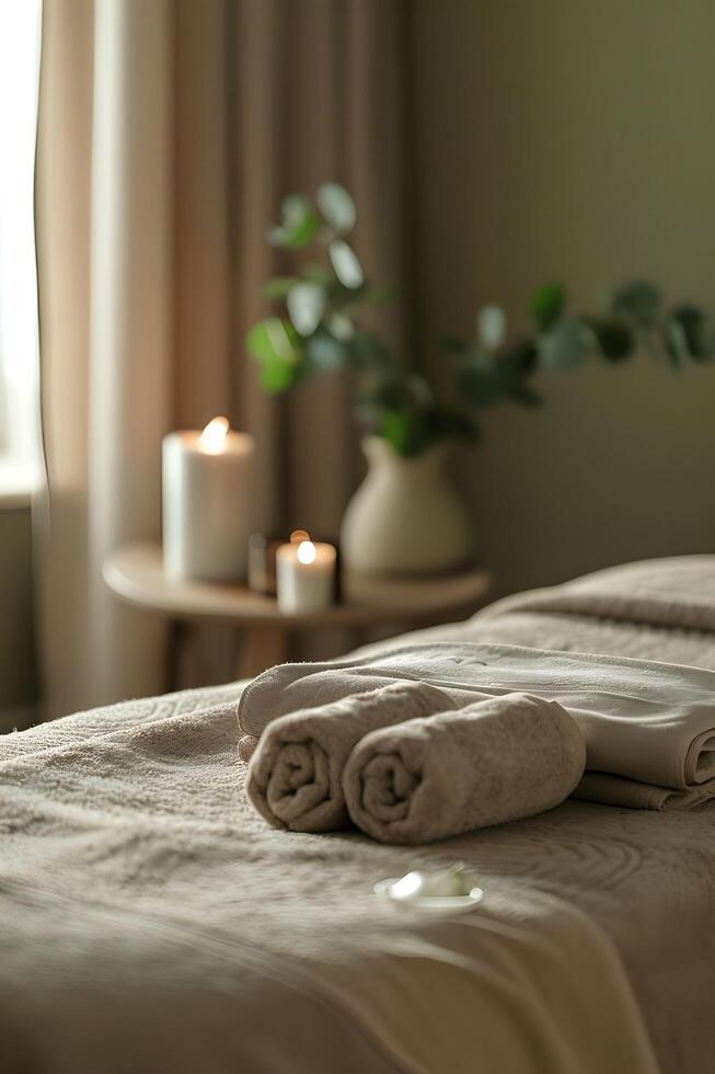 AI generated Spa Massage Table with Earthy-Toned Linens photo