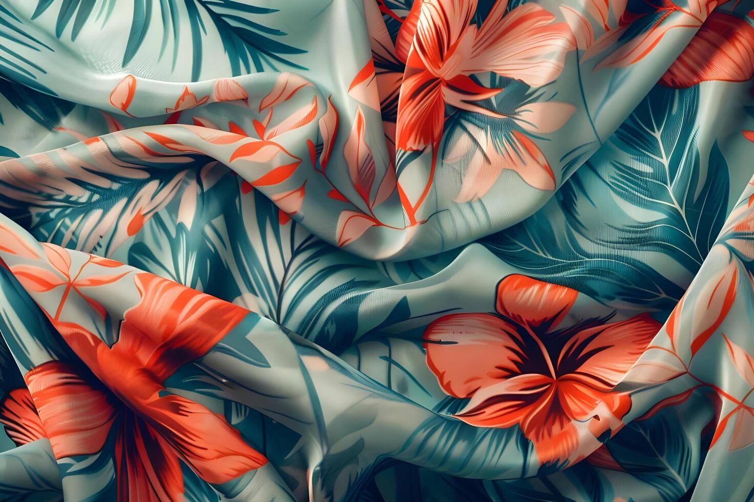 AI generated Stylish Summer Fabric with Teal and Coral Tropical Print photo