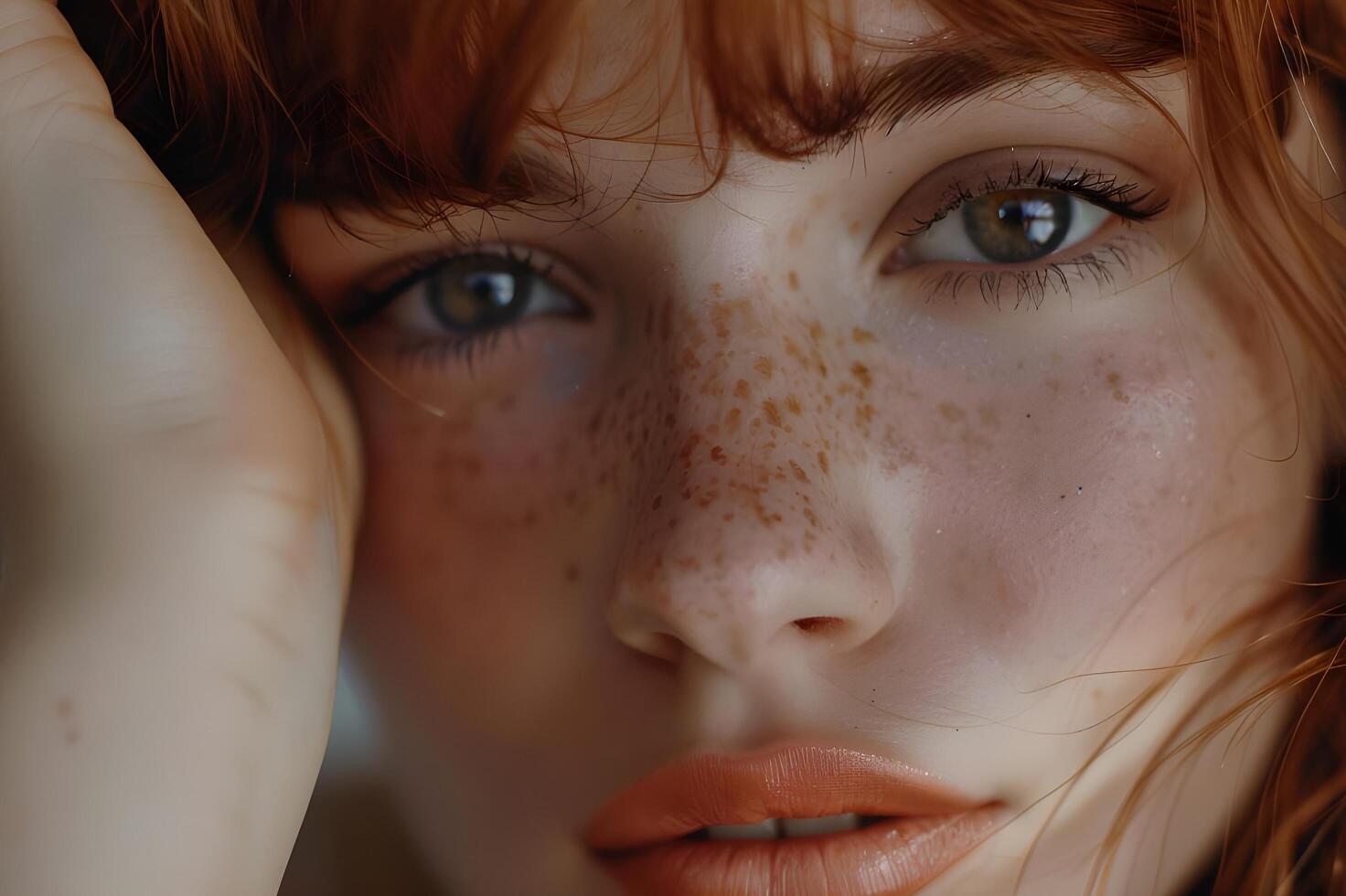 AI generated Freckled Beauty Model's Gentle Touch Accentuates Peach Fuzz Blush photo