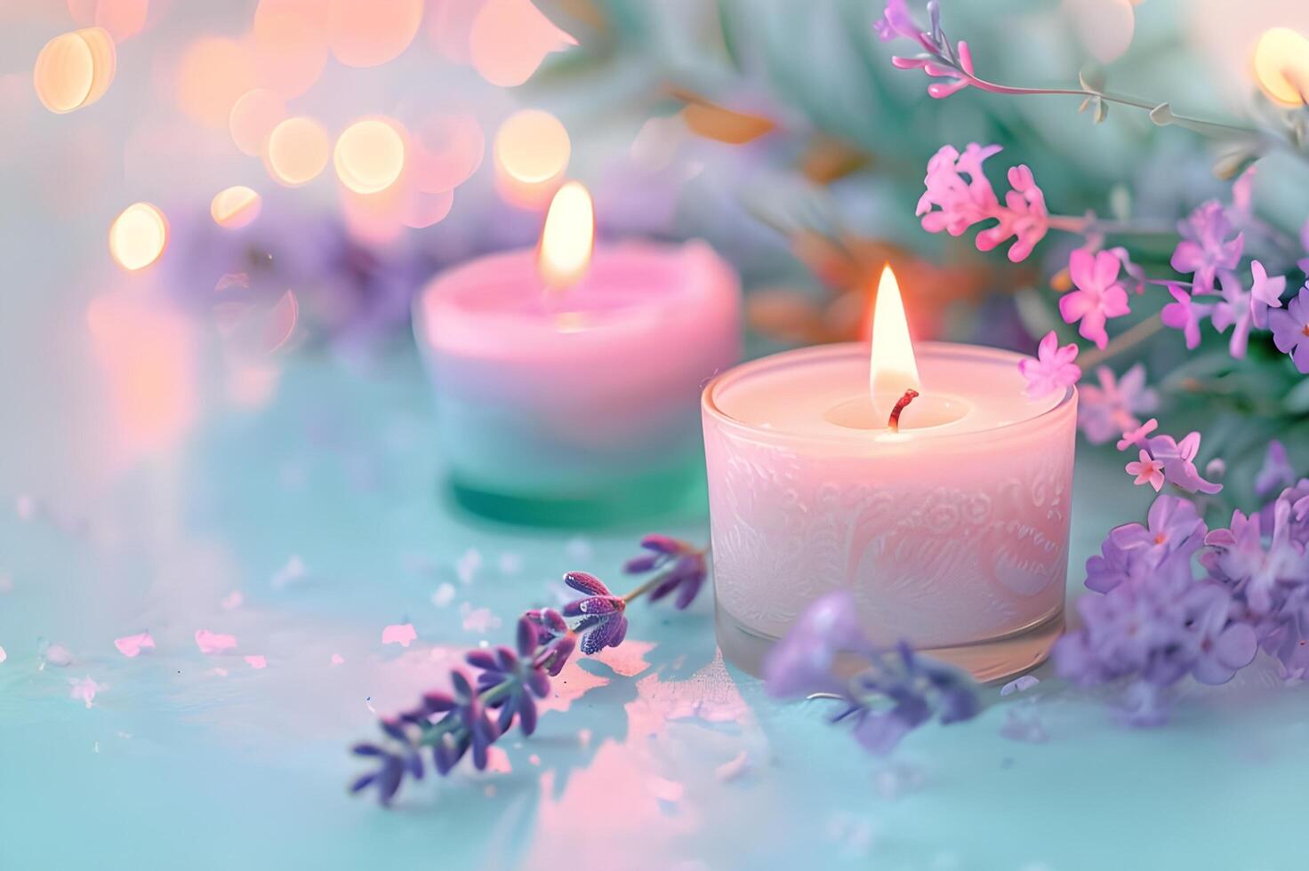 AI generated Soothing Atmosphere with Lavender and Mint Green Candles photo