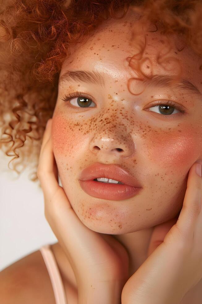 AI generated Freckled Beauty Model's Gentle Touch Accentuates Peach Fuzz Blush photo