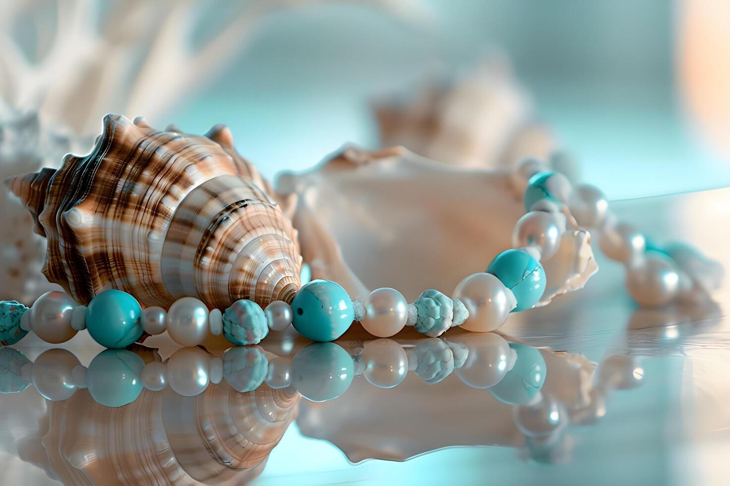 AI generated Oceanic Opulence Seashell Necklace with Pearls and Turquoise photo